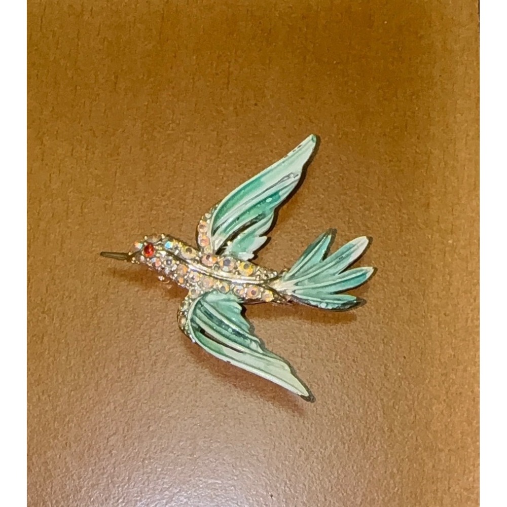 Vintage Gold Tone Hummingbird Brooch Green Enamel Rhinestone Eye Bird Pin